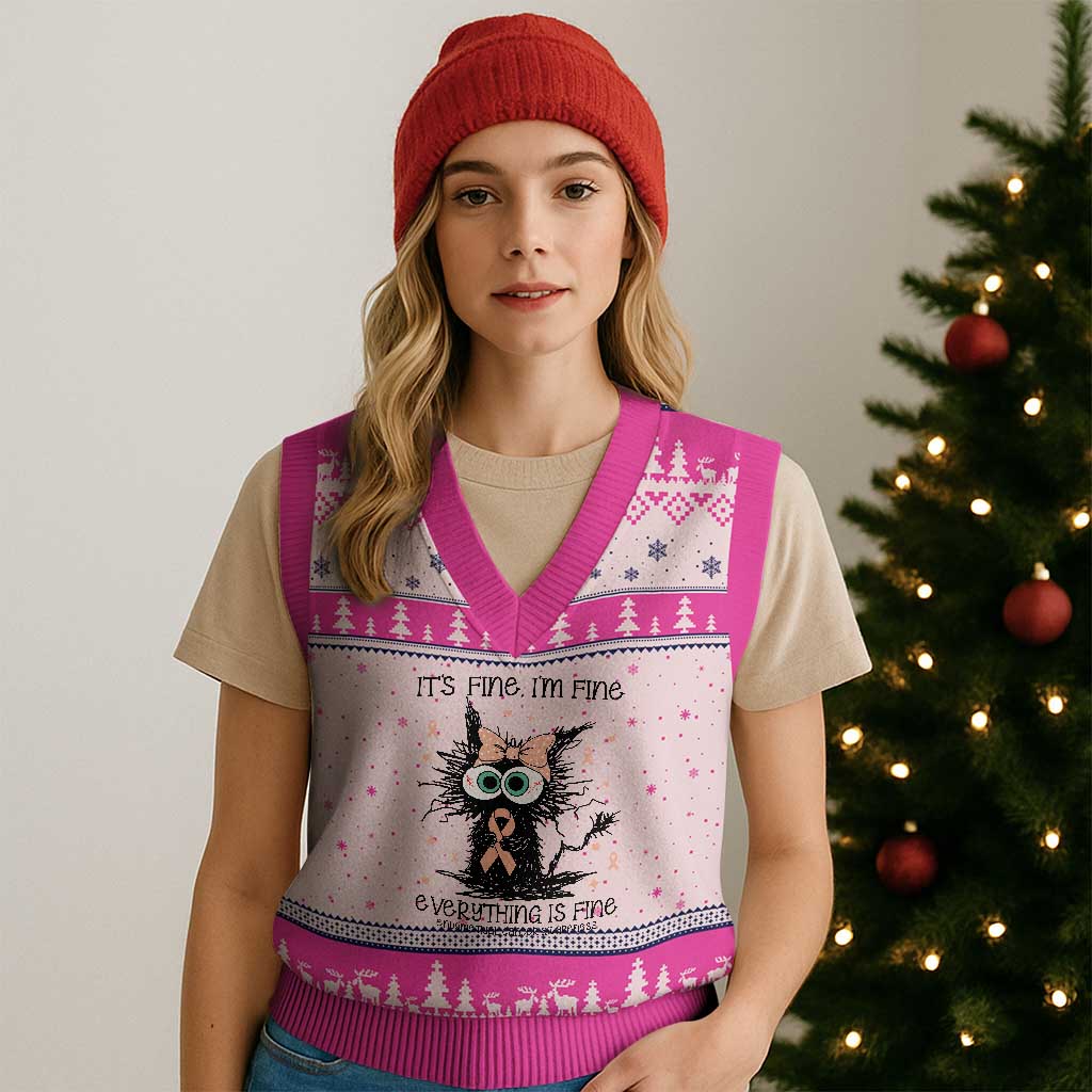 Funny Black Cat Endometrial Cancer Awareness V-Neck Knit Sweater Vest Its Fine Im Fine Everything Is Fine