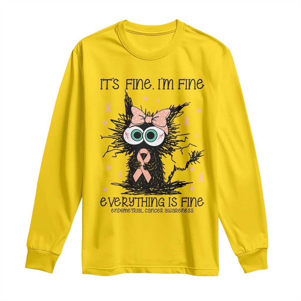 Funny Black Cat Endometrial Cancer Awareness Long Sleeve Shirt Its Fine Im Fine Everything Is Fine