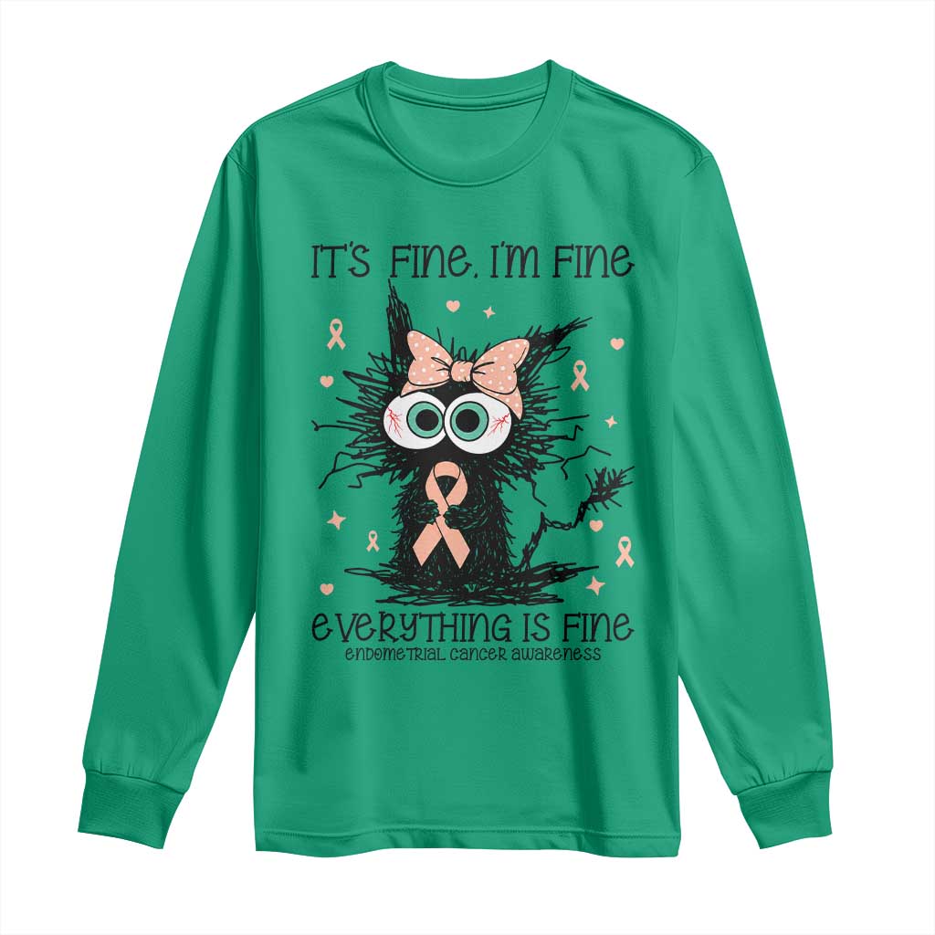Funny Black Cat Endometrial Cancer Awareness Long Sleeve Shirt Its Fine Im Fine Everything Is Fine