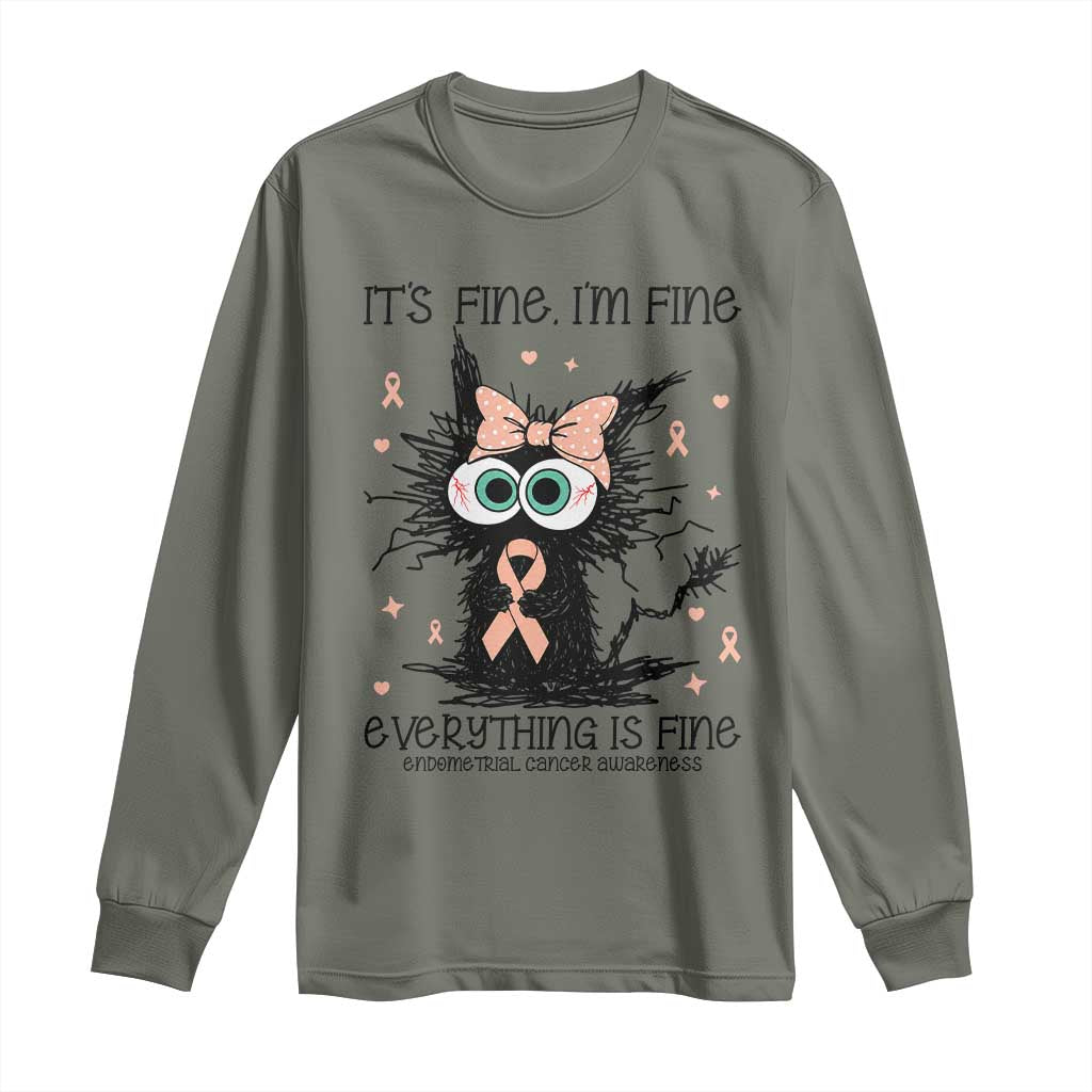 Funny Black Cat Endometrial Cancer Awareness Long Sleeve Shirt Its Fine Im Fine Everything Is Fine