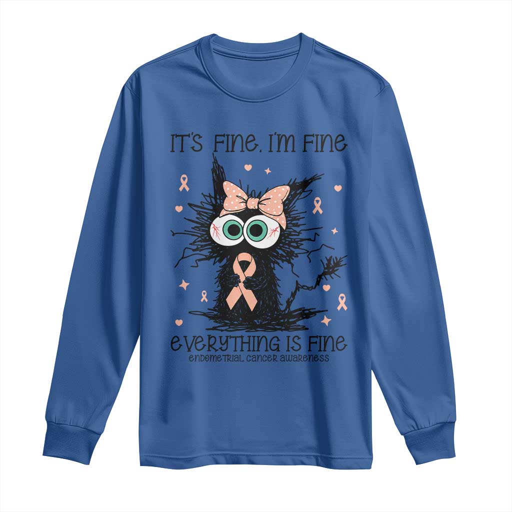 Funny Black Cat Endometrial Cancer Awareness Long Sleeve Shirt Its Fine Im Fine Everything Is Fine