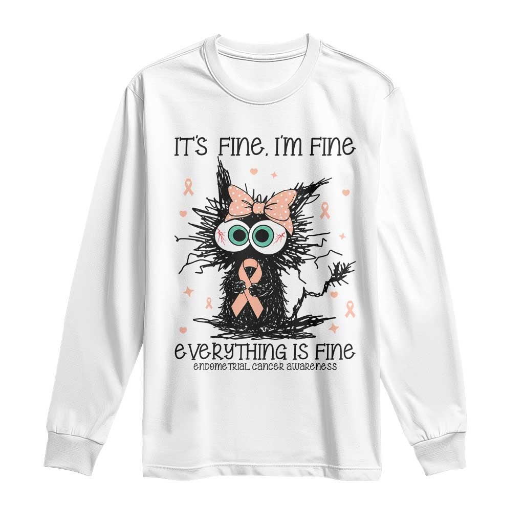 Funny Black Cat Endometrial Cancer Awareness Long Sleeve Shirt Its Fine Im Fine Everything Is Fine