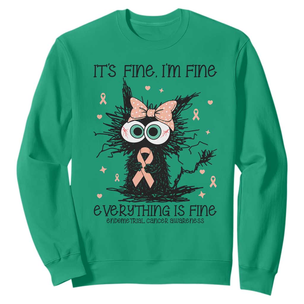 Funny Black Cat Endometrial Cancer Awareness Sweatshirt Its Fine Im Fine Everything Is Fine