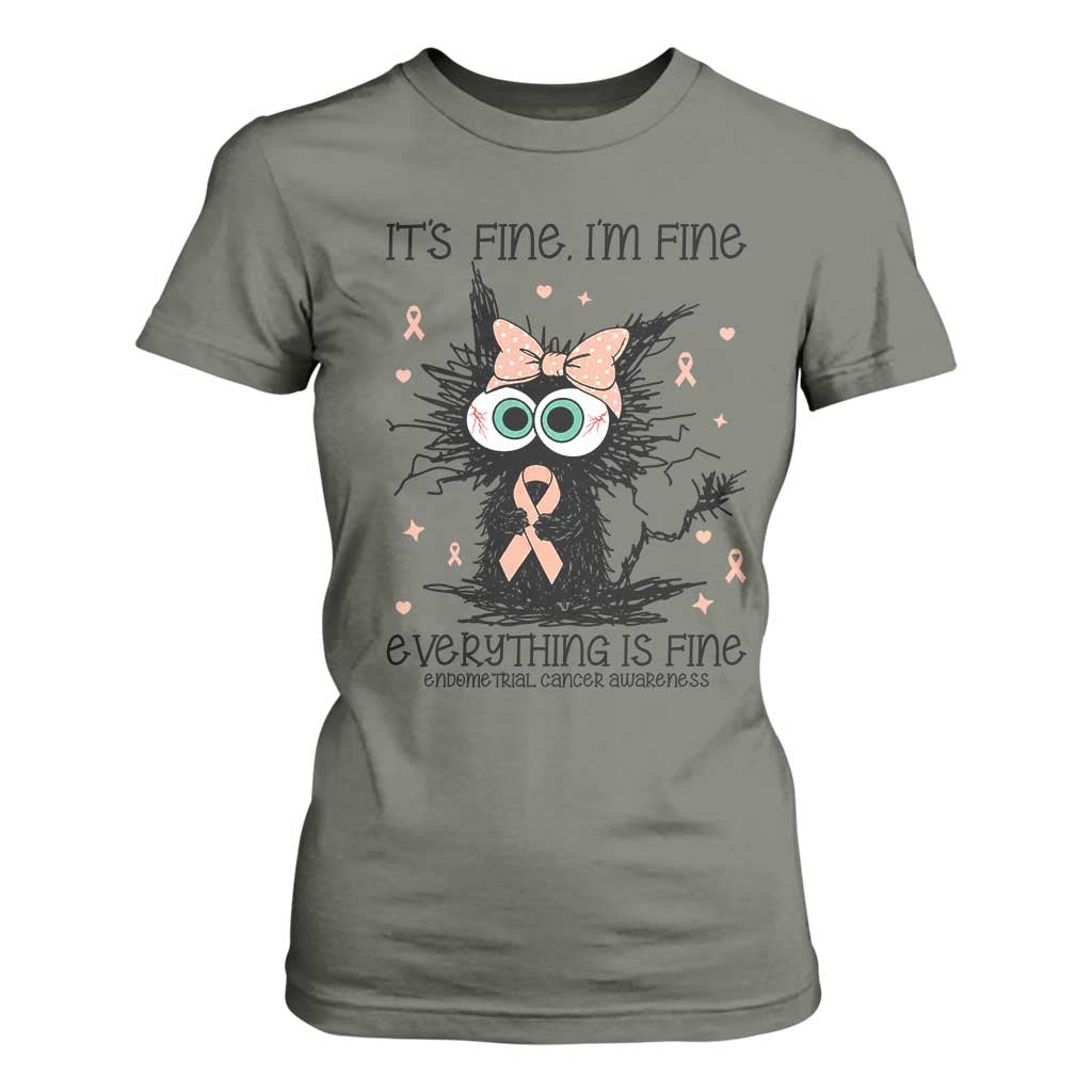 Funny Black Cat Endometrial Cancer Awareness T Shirt For Women Its Fine Im Fine Everything Is Fine