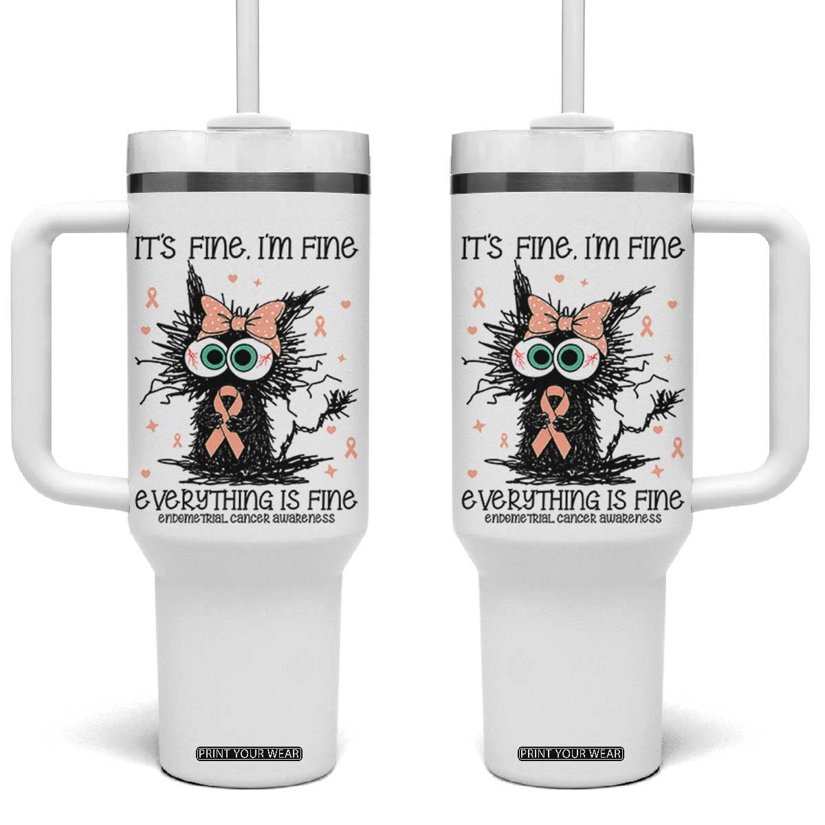 Funny Black Cat Endometrial Cancer Awareness Tumbler With Handle Its Fine Im Fine Everything Is Fine