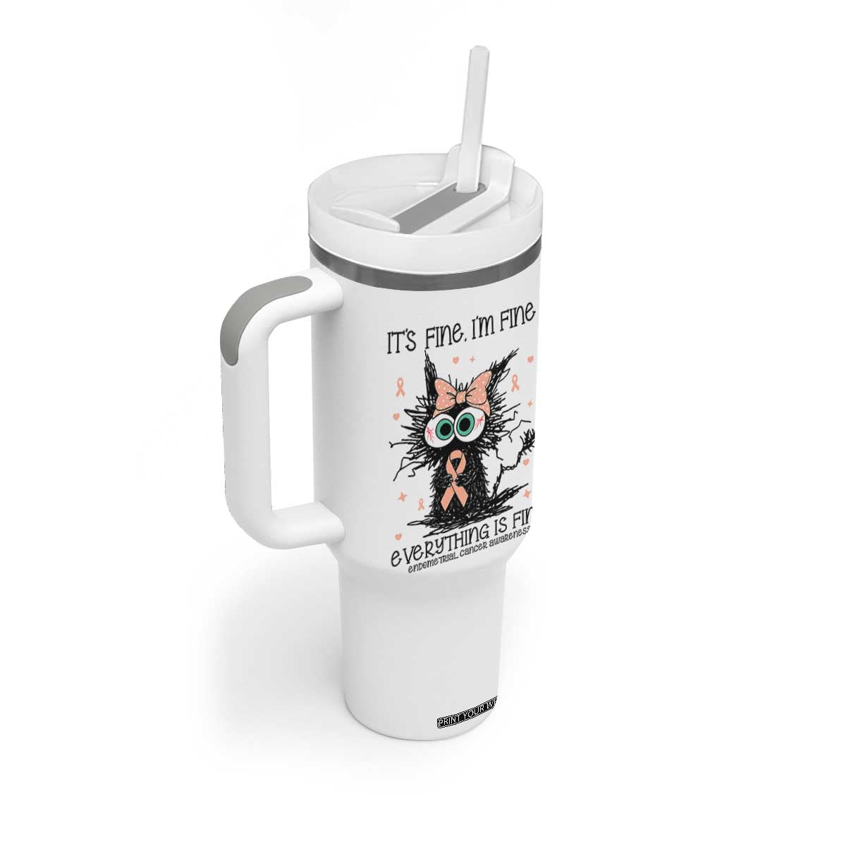 Funny Black Cat Endometrial Cancer Awareness Tumbler With Handle Its Fine Im Fine Everything Is Fine