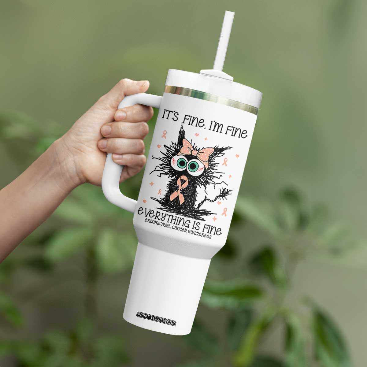 Funny Black Cat Endometrial Cancer Awareness Tumbler With Handle Its Fine Im Fine Everything Is Fine