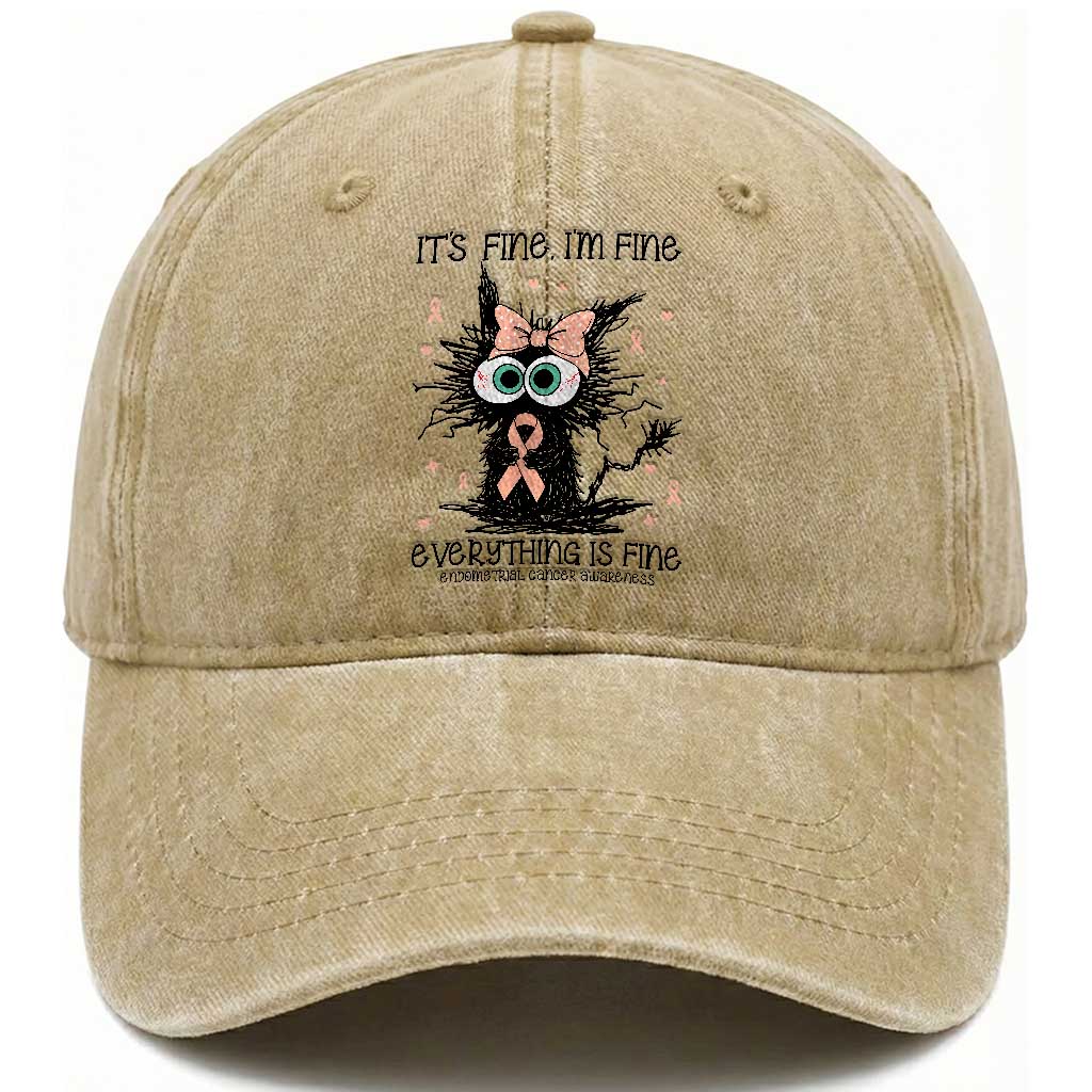 Funny Black Cat Endometrial Cancer Awareness Washed Cotton Baseball Cap Its Fine Im Fine Everything Is Fine