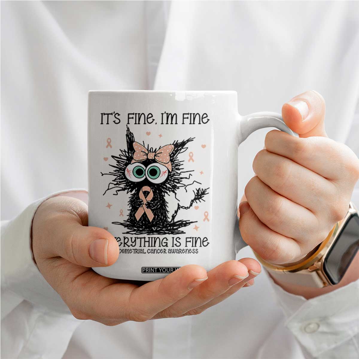 Funny Black Cat Endometrial Cancer Awareness Coffee Mug Its Fine Im Fine Everything Is Fine