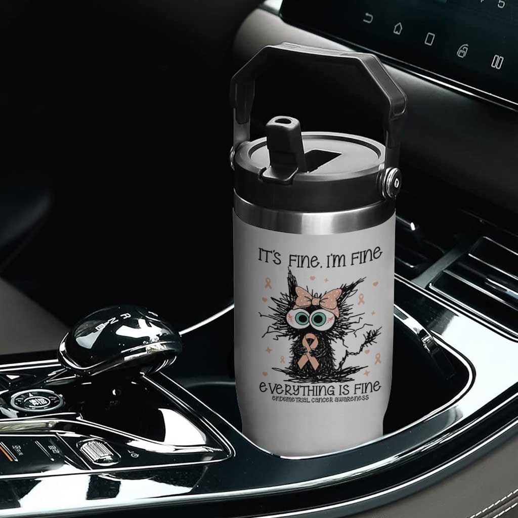 Funny Black Cat Endometrial Cancer Awareness Flip Straw Tumbler Its Fine Im Fine Everything Is Fine