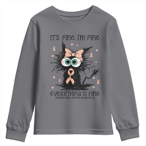 Funny Black Cat Endometrial Cancer Awareness Youth Sweatshirt Its Fine Im Fine Everything Is Fine