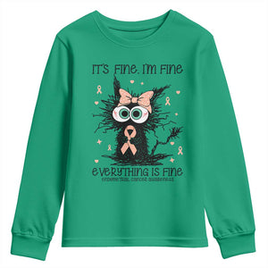 Funny Black Cat Endometrial Cancer Awareness Youth Sweatshirt Its Fine Im Fine Everything Is Fine
