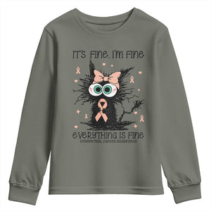 Funny Black Cat Endometrial Cancer Awareness Youth Sweatshirt Its Fine Im Fine Everything Is Fine
