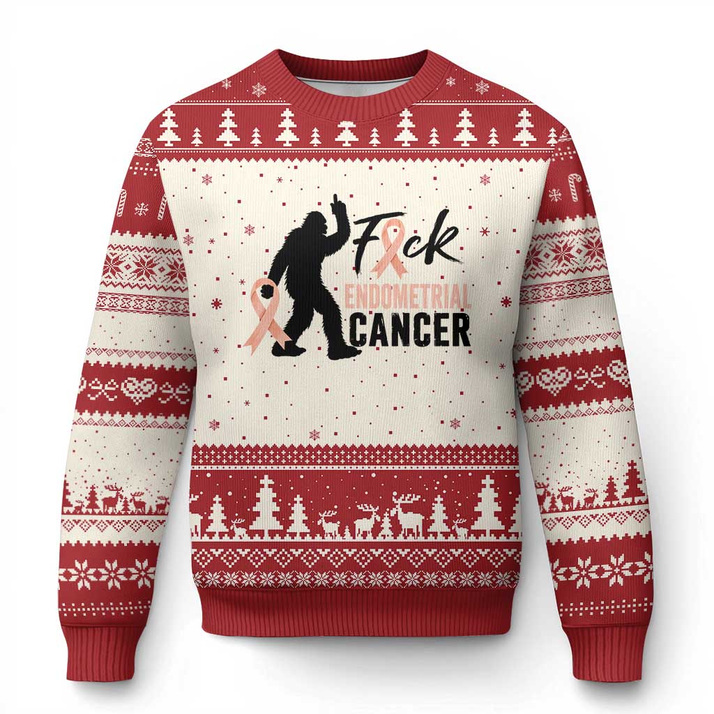 Funny Bigfoot Fuck Endometrial Cancer Awareness Gift Ugly Christmas Sweater TS12 Beige Red Print Your Wear