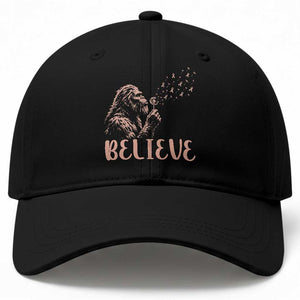 Funny Bigfoot Blowing Dandelion Flower Graphic Baseball Cap Believe Endometrial Cancer Awareness
