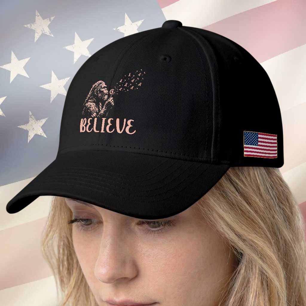 Funny Bigfoot Blowing Dandelion Flower Graphic Baseball Cap Believe Endometrial Cancer Awareness