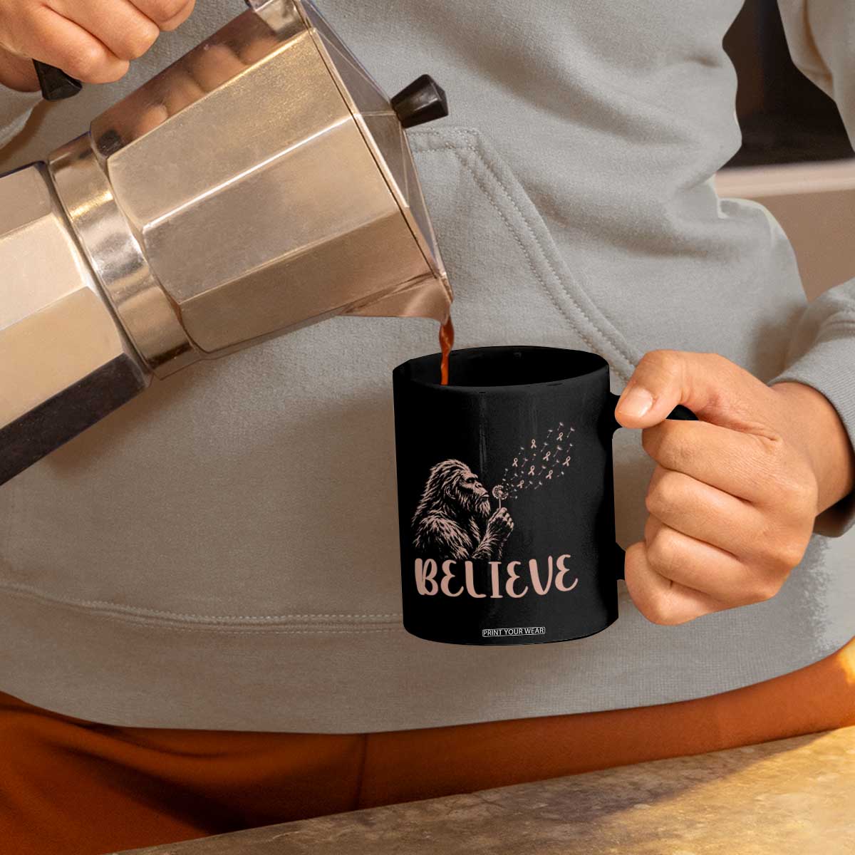 Funny Bigfoot Blowing Dandelion Flower Graphic Coffee Mug Believe Endometrial Cancer Awareness