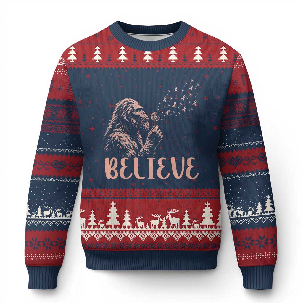 Funny Bigfoot Blowing Dandelion Flower Graphic Ugly Christmas Sweater Believe Endometrial Cancer Awareness