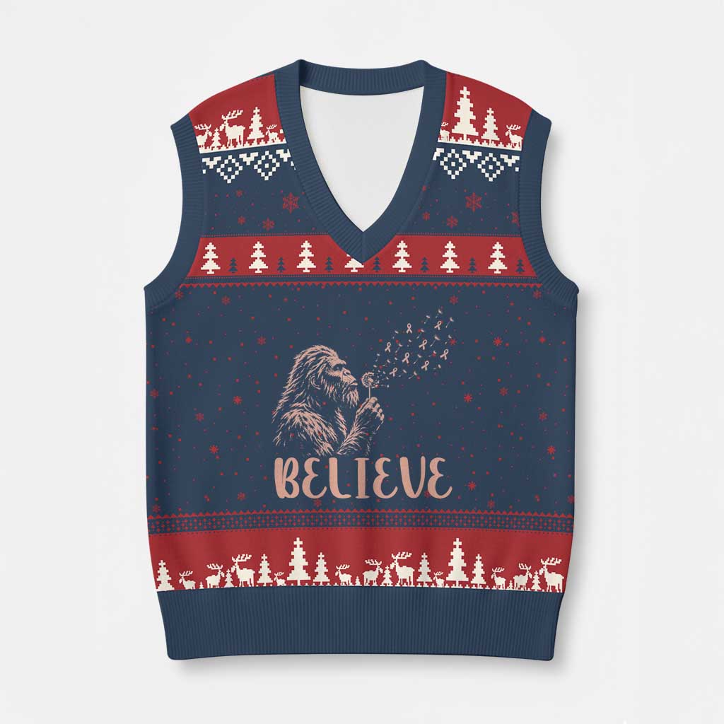 Funny Bigfoot Blowing Dandelion Flower Graphic V-Neck Knit Sweater Vest Believe Endometrial Cancer Awareness
