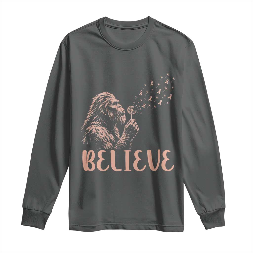 Funny Bigfoot Blowing Dandelion Flower Graphic Long Sleeve Shirt Believe Endometrial Cancer Awareness