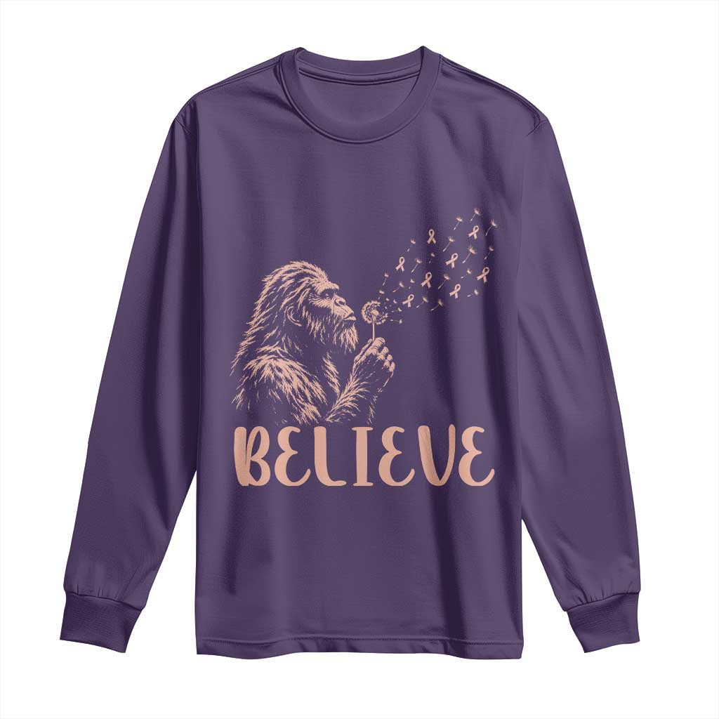 Funny Bigfoot Blowing Dandelion Flower Graphic Long Sleeve Shirt Believe Endometrial Cancer Awareness