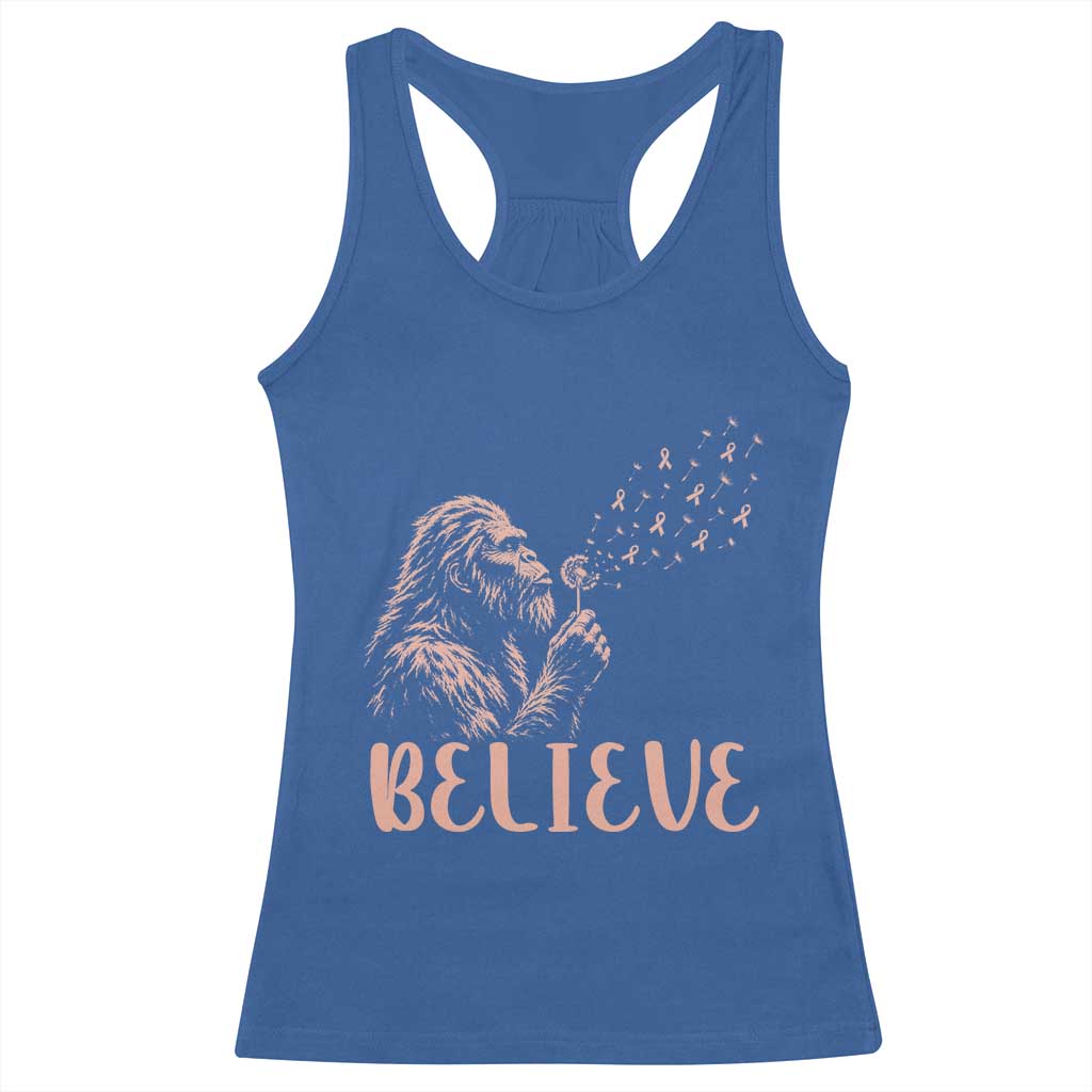 Funny Bigfoot Blowing Dandelion Flower Graphic Racerback Tank Top Believe Endometrial Cancer Awareness