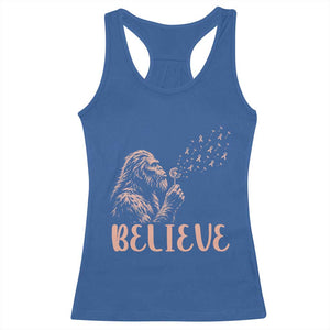 Funny Bigfoot Blowing Dandelion Flower Graphic Racerback Tank Top Believe Endometrial Cancer Awareness