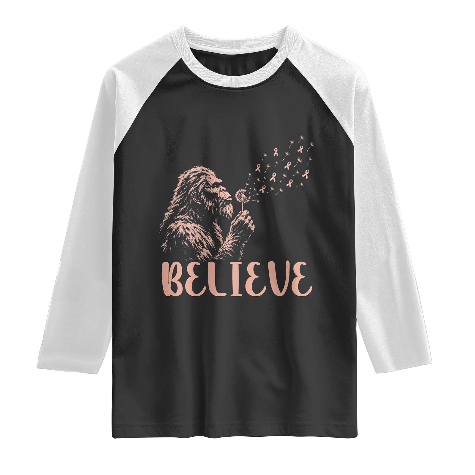 Funny Bigfoot Blowing Dandelion Flower Graphic Raglan Shirt Believe Endometrial Cancer Awareness TS12 Black White Print Your Wear