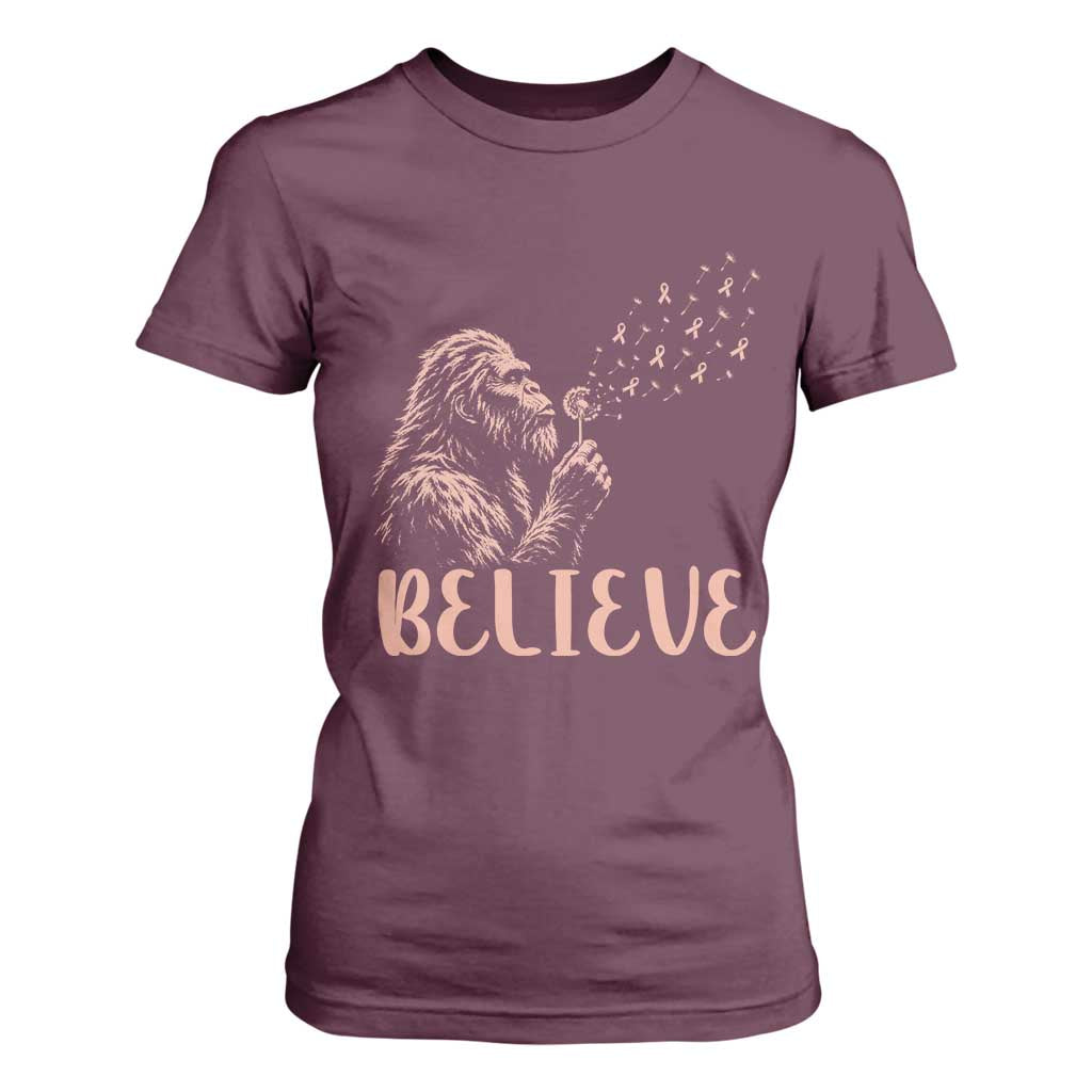 Funny Bigfoot Blowing Dandelion Flower Graphic T Shirt For Women Believe Endometrial Cancer Awareness
