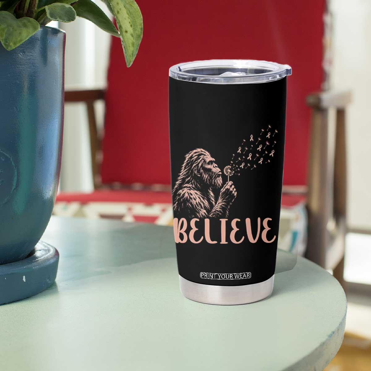 Funny Bigfoot Blowing Dandelion Flower Graphic Tumbler Cup Believe Endometrial Cancer Awareness