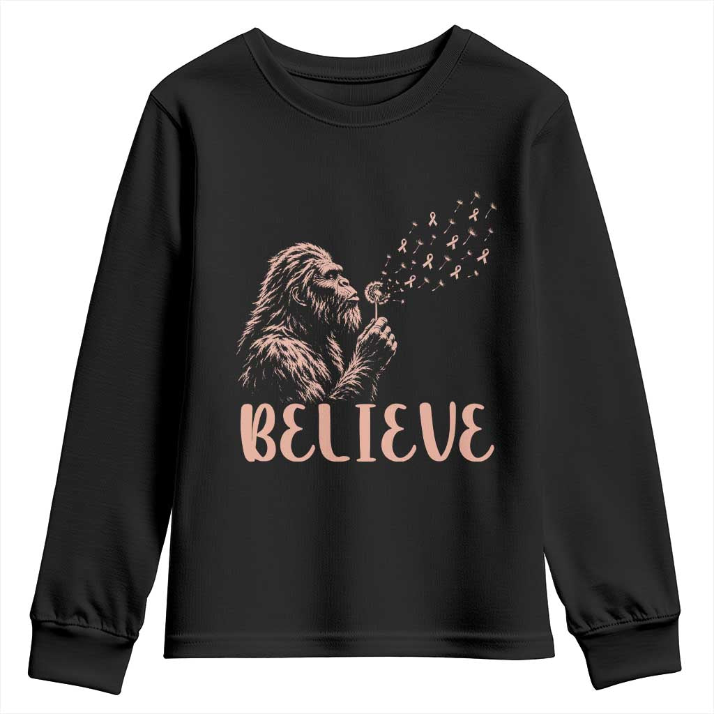 Funny Bigfoot Blowing Dandelion Flower Graphic Youth Sweatshirt Believe Endometrial Cancer Awareness TS12 Black Print Your Wear