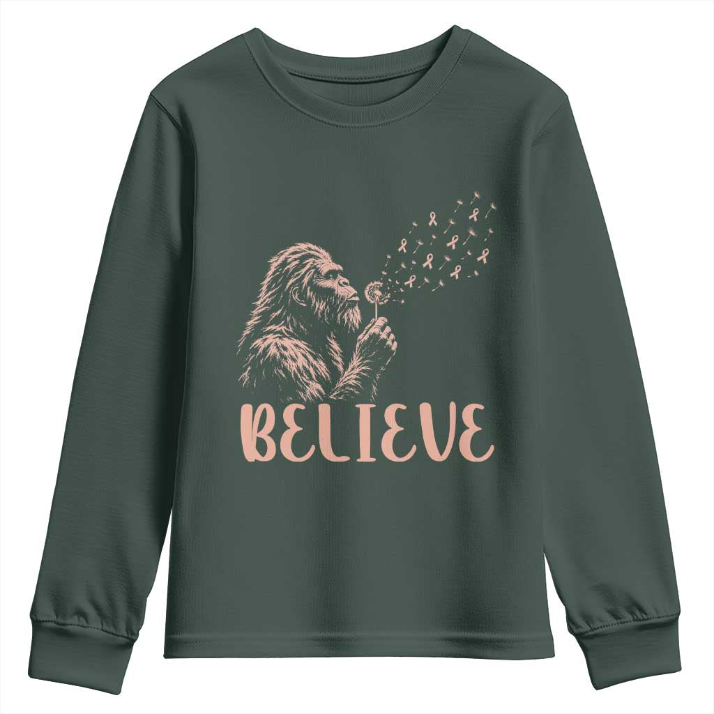Funny Bigfoot Blowing Dandelion Flower Graphic Youth Sweatshirt Believe Endometrial Cancer Awareness