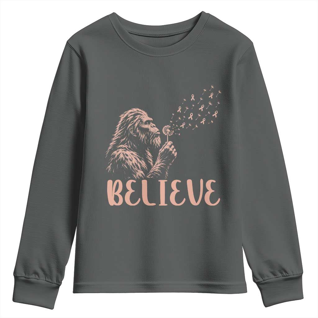Funny Bigfoot Blowing Dandelion Flower Graphic Youth Sweatshirt Believe Endometrial Cancer Awareness