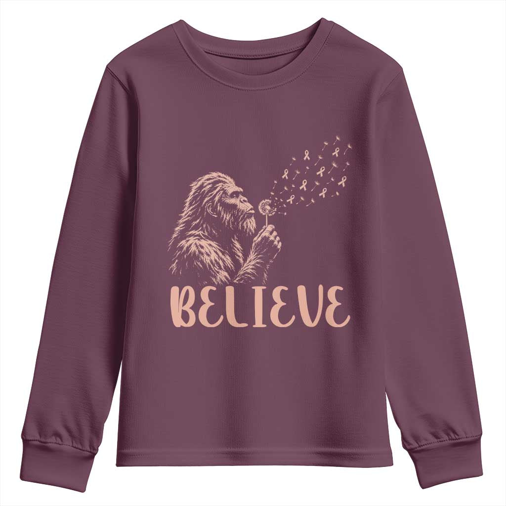 Funny Bigfoot Blowing Dandelion Flower Graphic Youth Sweatshirt Believe Endometrial Cancer Awareness