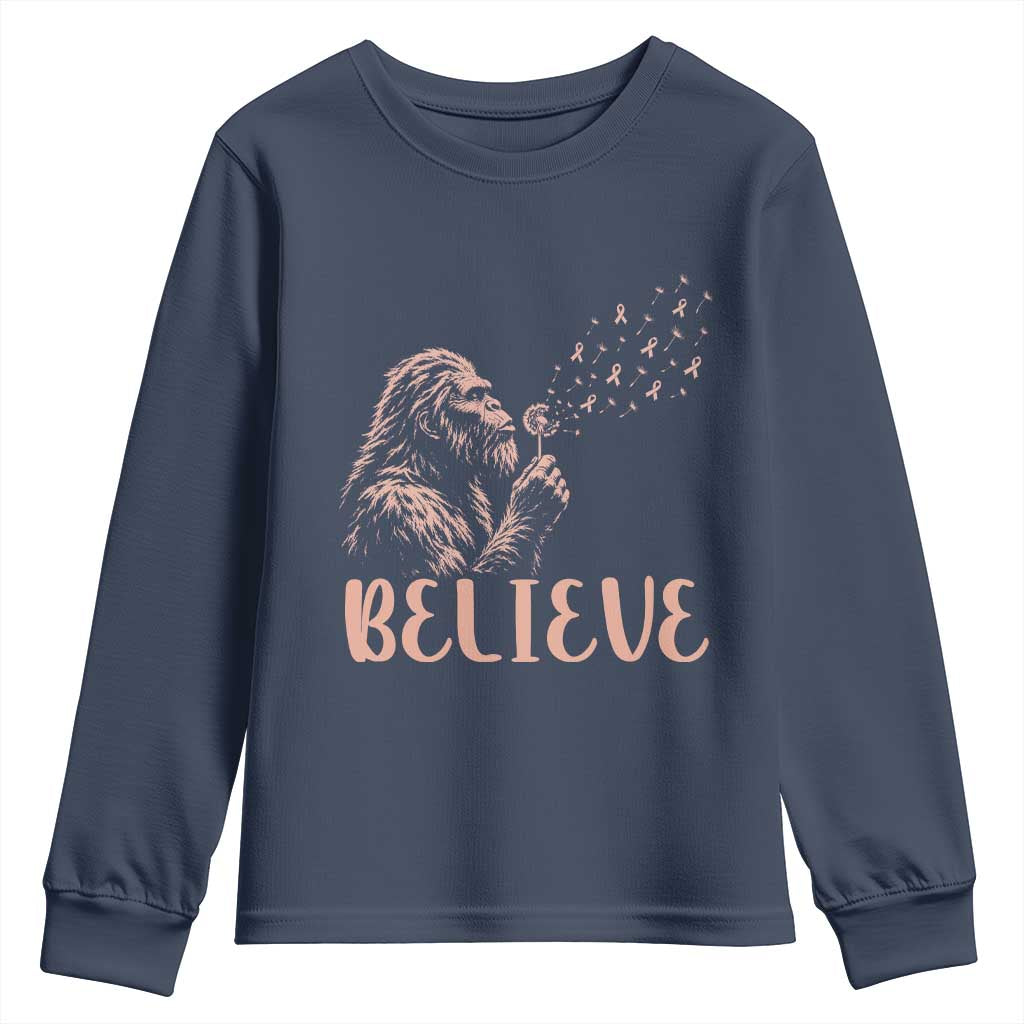 Funny Bigfoot Blowing Dandelion Flower Graphic Youth Sweatshirt Believe Endometrial Cancer Awareness