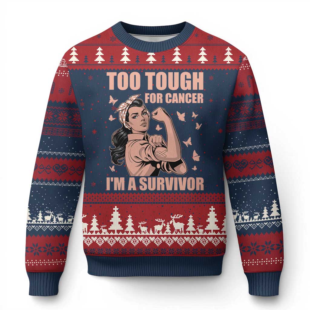 Endometrial Cancer Warrior Ugly Christmas Sweater Too Tough For Cancer Im A Survivor TS12 Navy Red Print Your Wear
