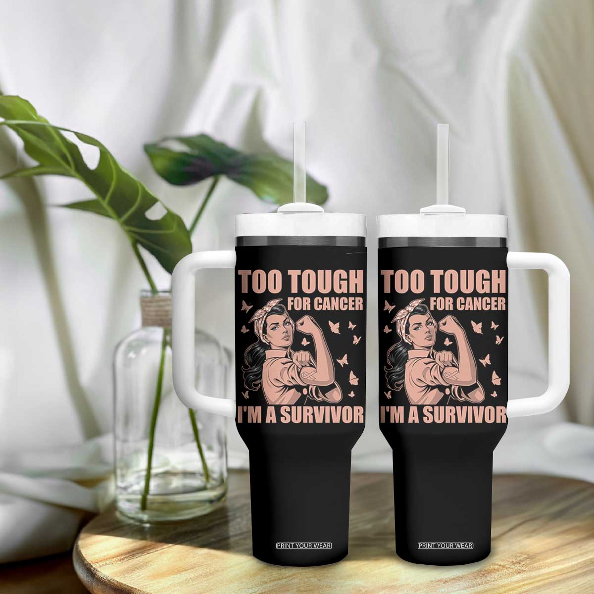 Endometrial Cancer Warrior Tumbler With Handle Too Tough For Cancer Im A Survivor