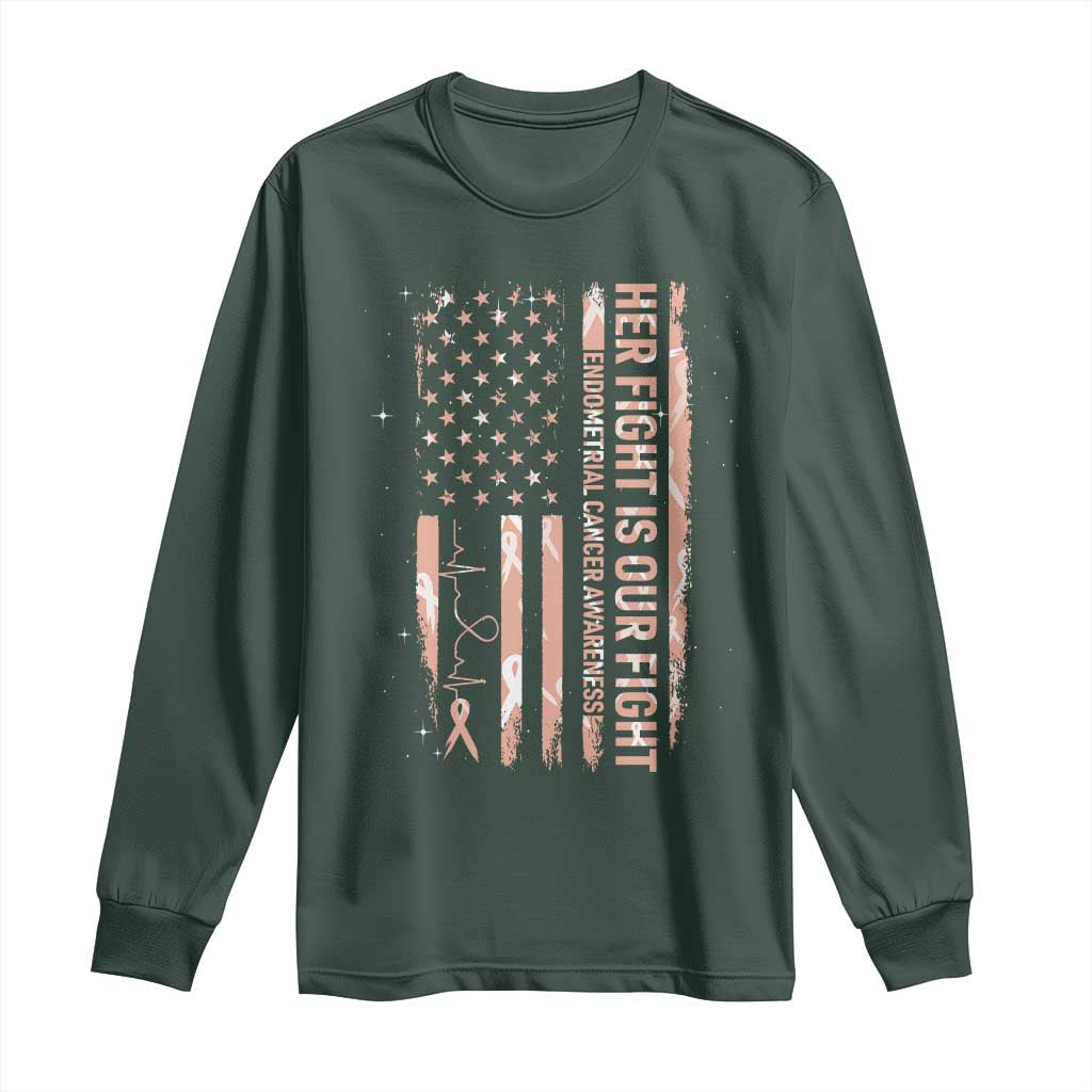 Patriotic Endometrial Cancer Awareness Long Sleeve Shirt Her Fight Our Fight