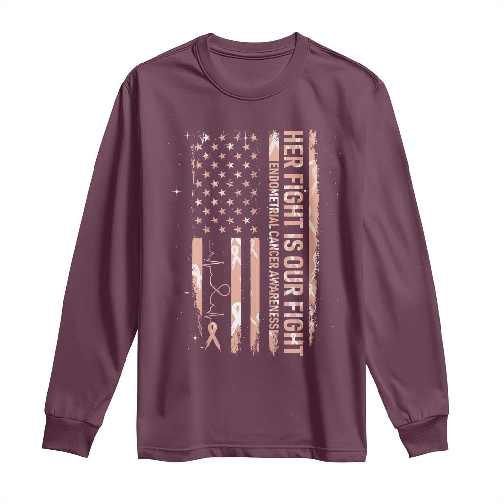 Patriotic Endometrial Cancer Awareness Long Sleeve Shirt Her Fight Our Fight