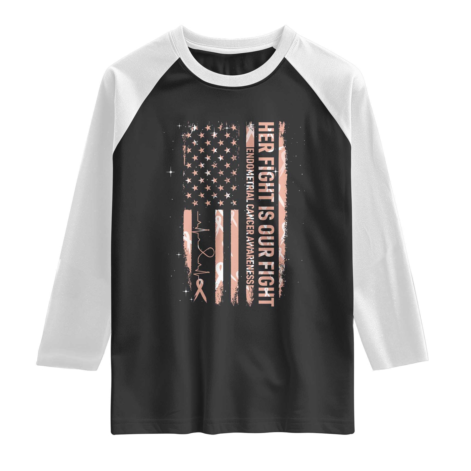 Patriotic Endometrial Cancer Awareness Raglan Shirt Her Fight Our Fight TS12 Black White Print Your Wear