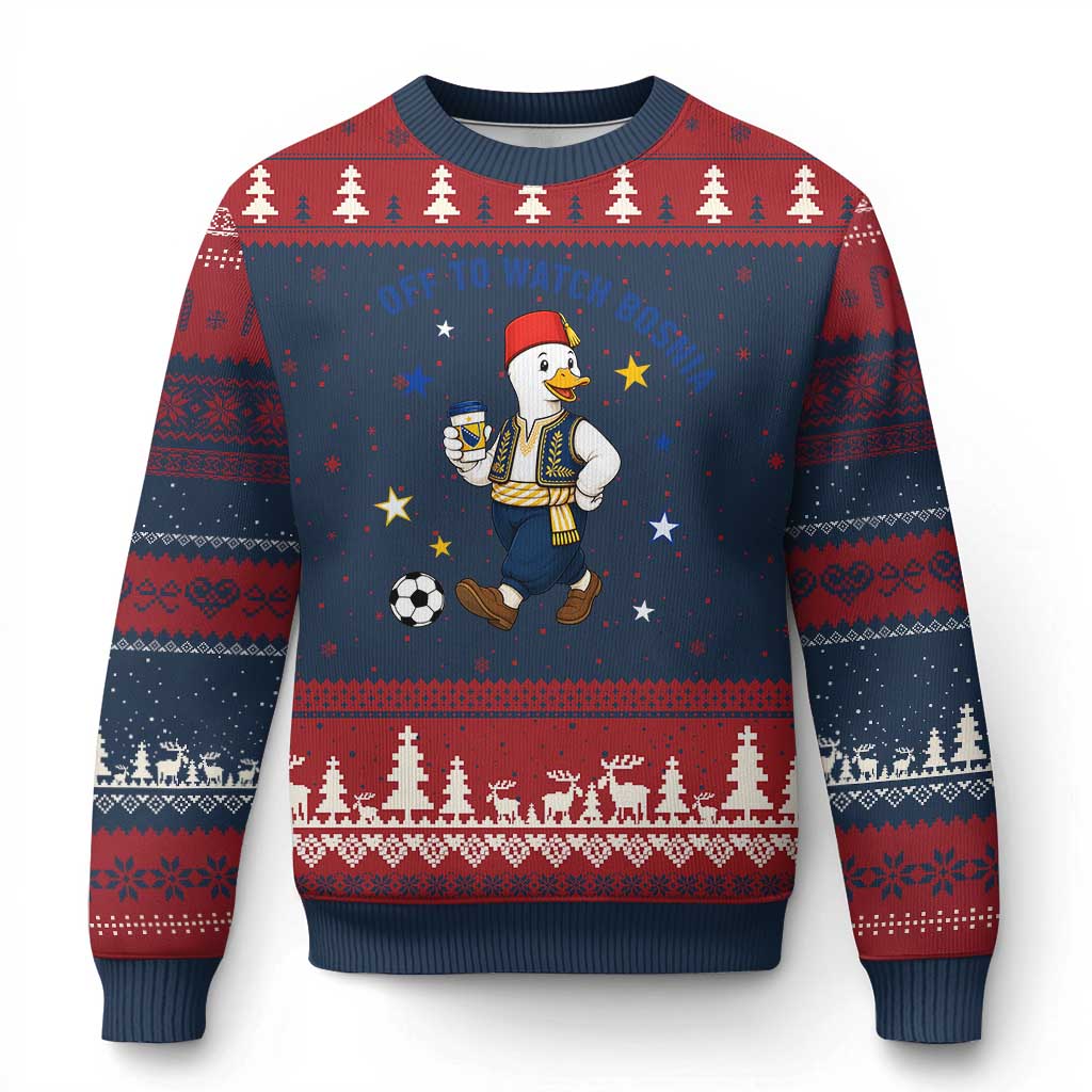 Off To Watch Bosnia Ugly Christmas Sweater Funny Goose Fudbal Fan Gift