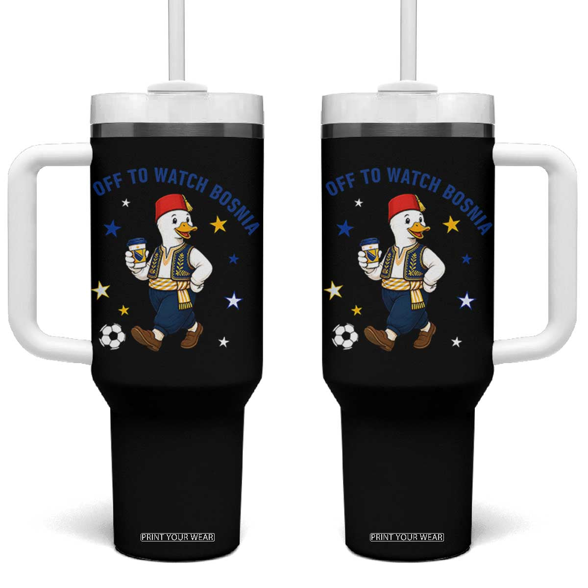 Off To Watch Bosnia Tumbler With Handle Funny Goose Fudbal Fan Gift
