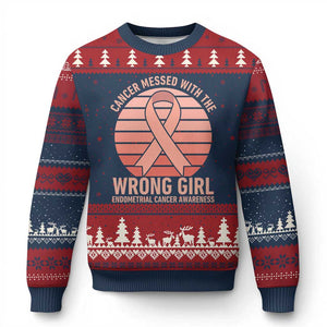 Cancer Messed With The Wrong Girl Ugly Christmas Sweater Endometrial Cancer Warrior