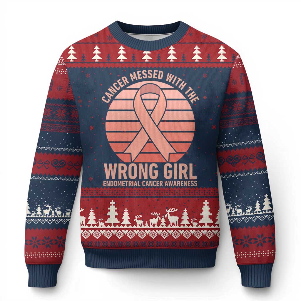 Cancer Messed With The Wrong Girl Ugly Christmas Sweater Endometrial Cancer Warrior TS12 Navy Red Print Your Wear