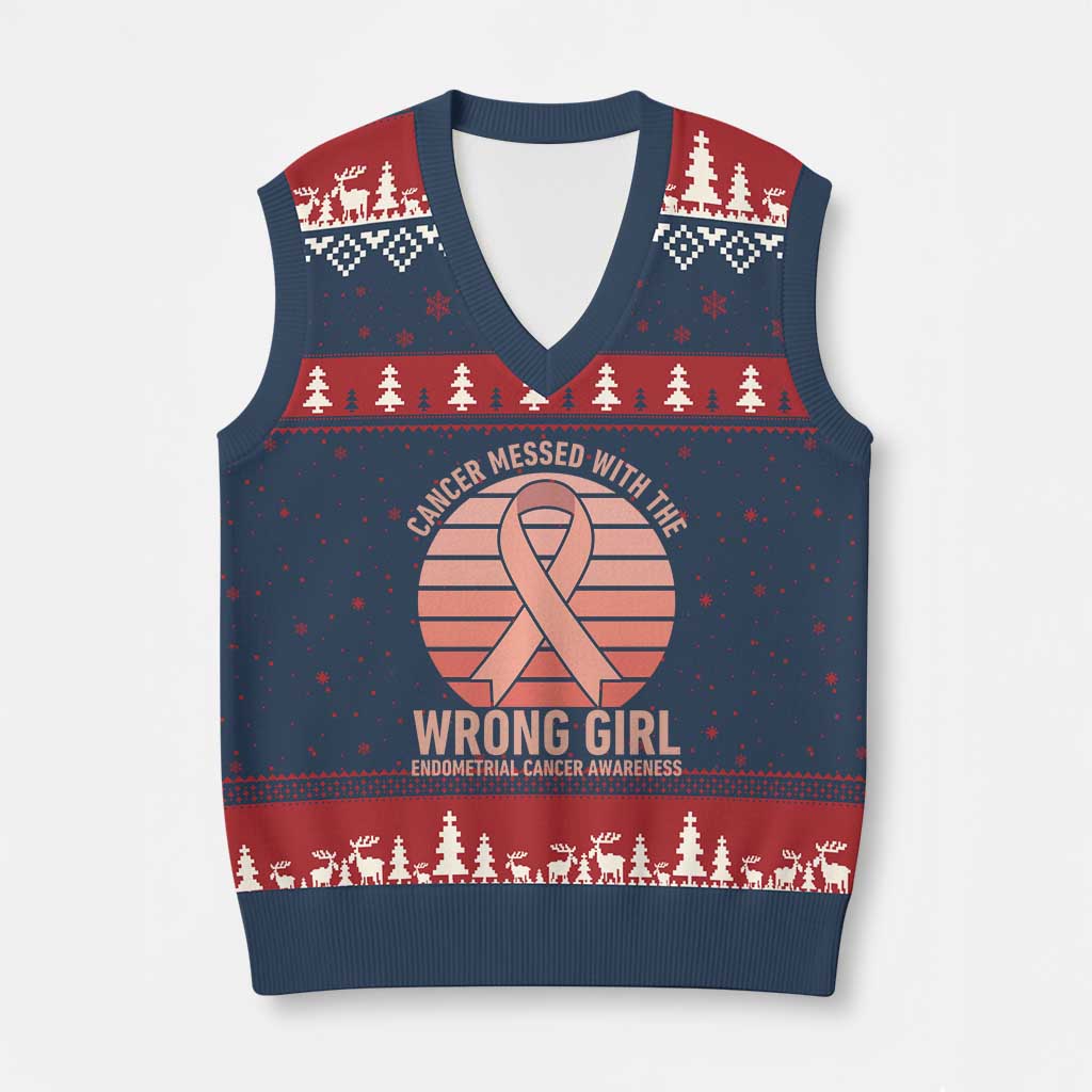 Cancer Messed With The Wrong Girl V-Neck Knit Sweater Vest Endometrial Cancer Warrior