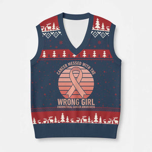 Cancer Messed With The Wrong Girl V-Neck Knit Sweater Vest Endometrial Cancer Warrior