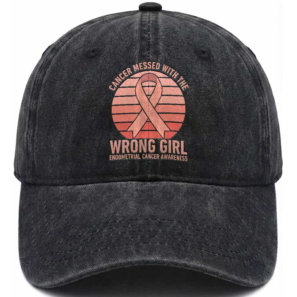 Cancer Messed With The Wrong Girl Washed Cotton Baseball Cap Endometrial Cancer Warrior