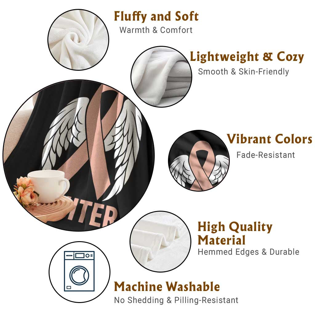 Endometrial Cancer Fighter Throw Blanket Peach Ribbon Angel Wings Survivor