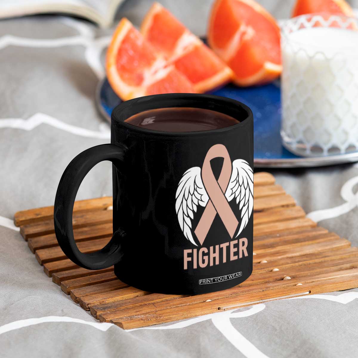 Endometrial Cancer Fighter Coffee Mug Peach Ribbon Angel Wings Survivor