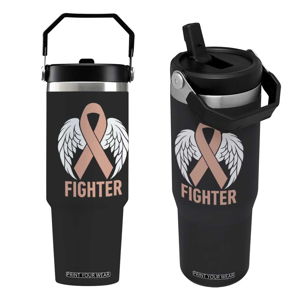 Endometrial Cancer Fighter Flip Straw Tumbler Peach Ribbon Angel Wings Survivor